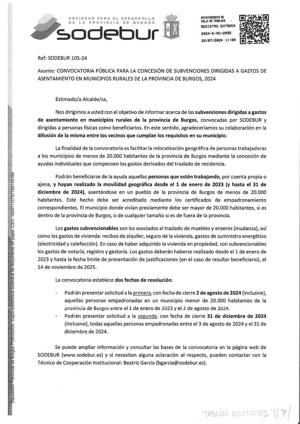 Convocatoria Pública Subvenciones Asentamiento Municipios Rurales de Burgos 2024